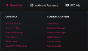 10 Ways to Earn Bitcoins in Cointiply menu