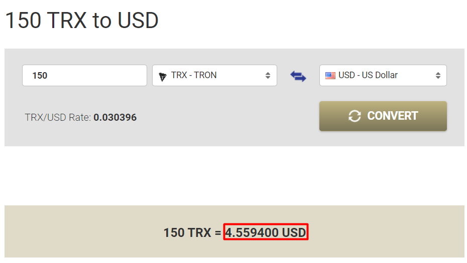 150 TRX to US Dollar USD