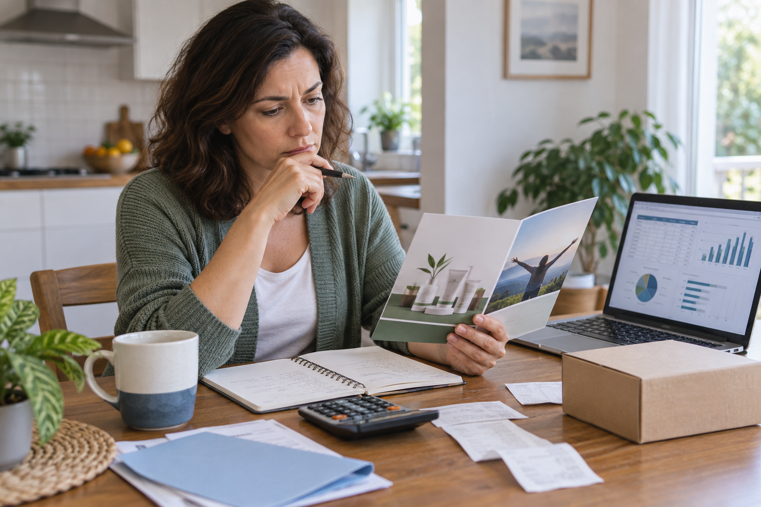 Person comparing a business opportunity brochure with expenses and earnings data