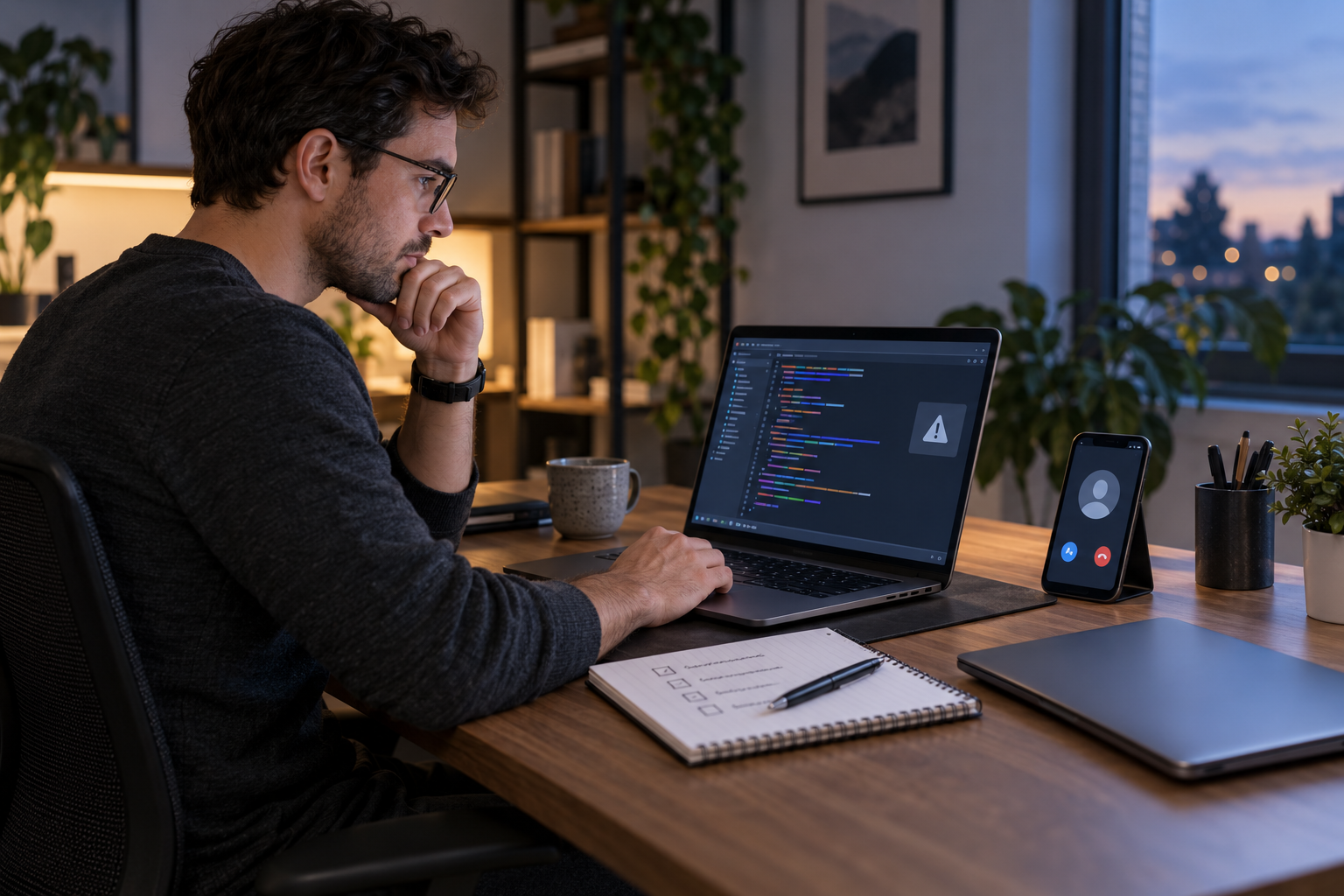Fake Coding Interview Scams: A Safety Guide Freelance developer reviewing an unfamiliar coding test on a separate laptop