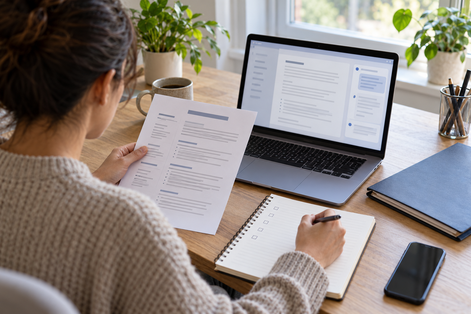 Job seeker reviewing a résumé and interview checklist beside a laptop with an abstract AI assistant